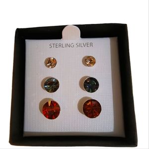 Sterling Silver & Colorful Czech Crystal 3 Pairs Post Earrings New in Box